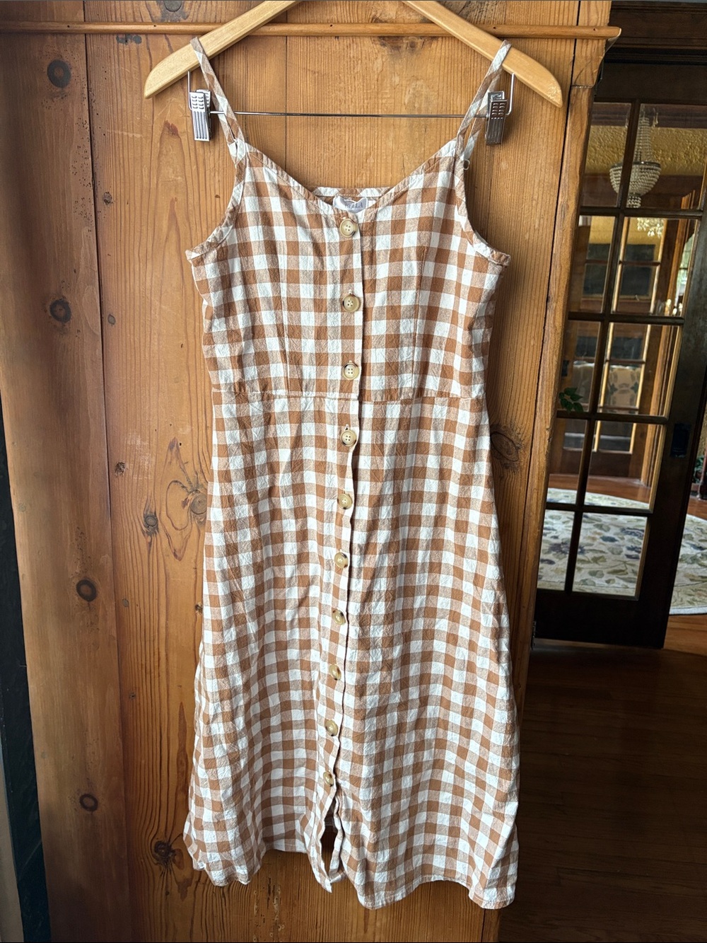 100% cotton neutral orange and White Gingham Button-Front Sundress